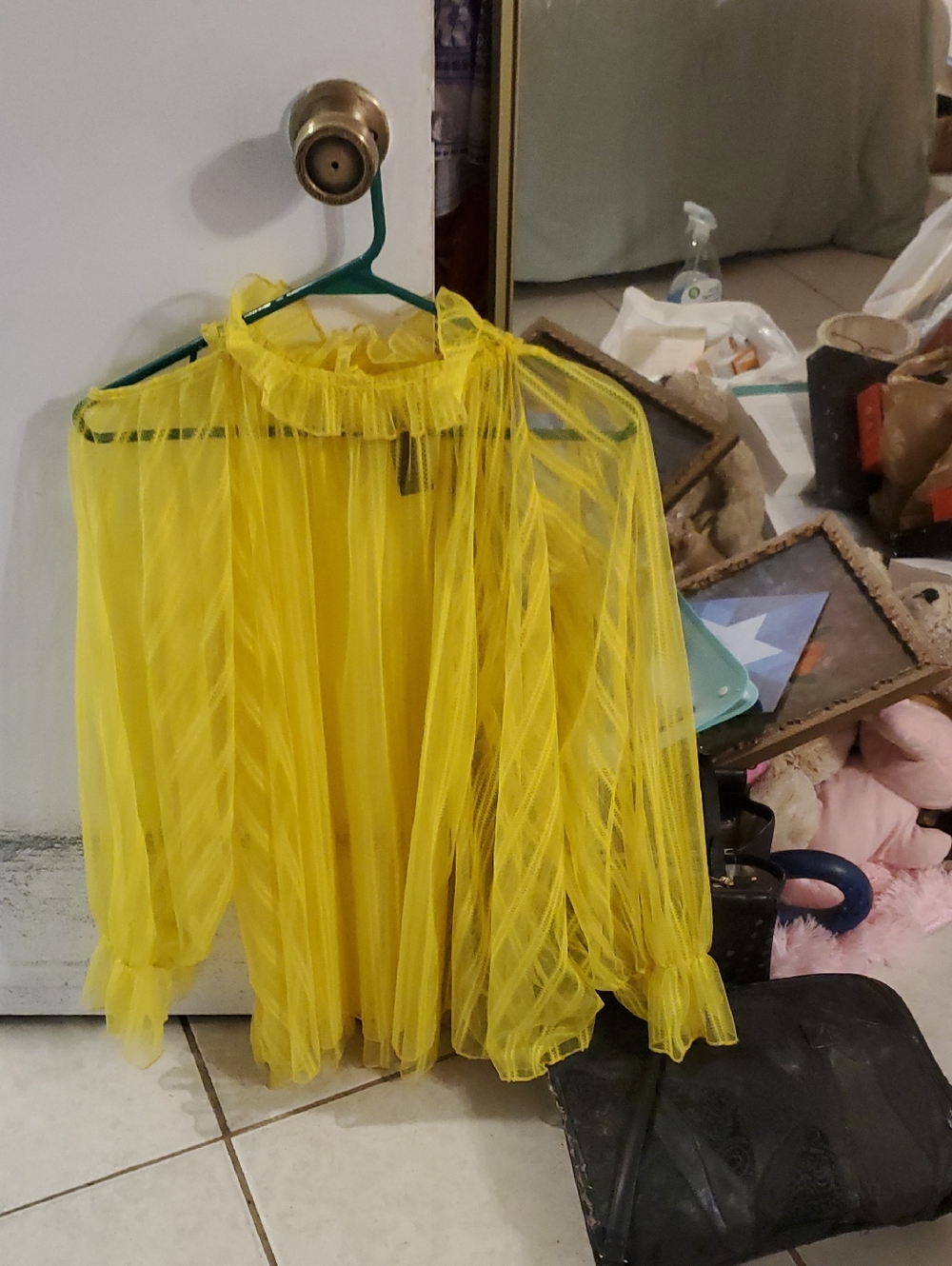 Sheer Yellow Ruffle-Neck Women's Top